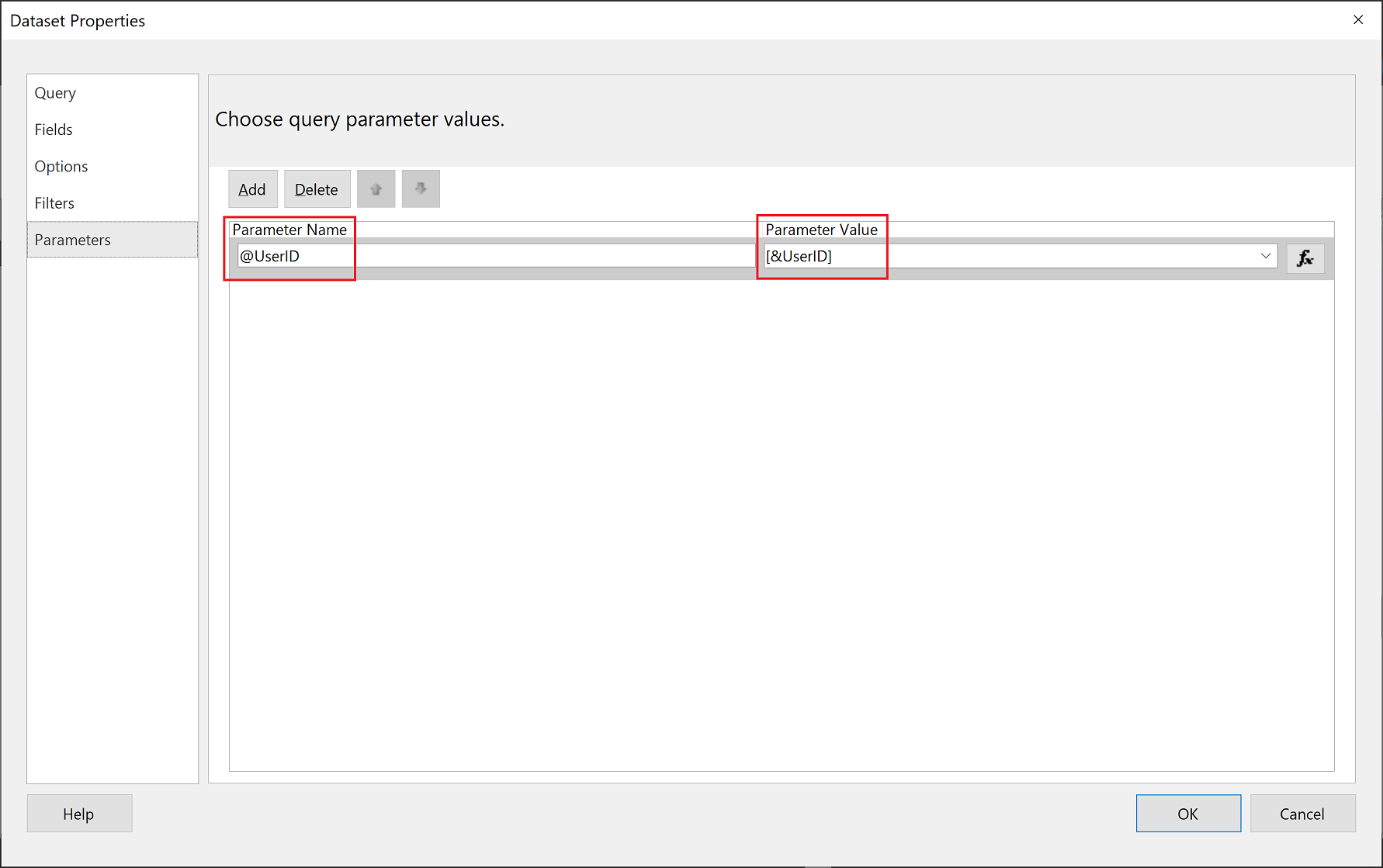 Power BI レポート ビルダーでのパラメーター名