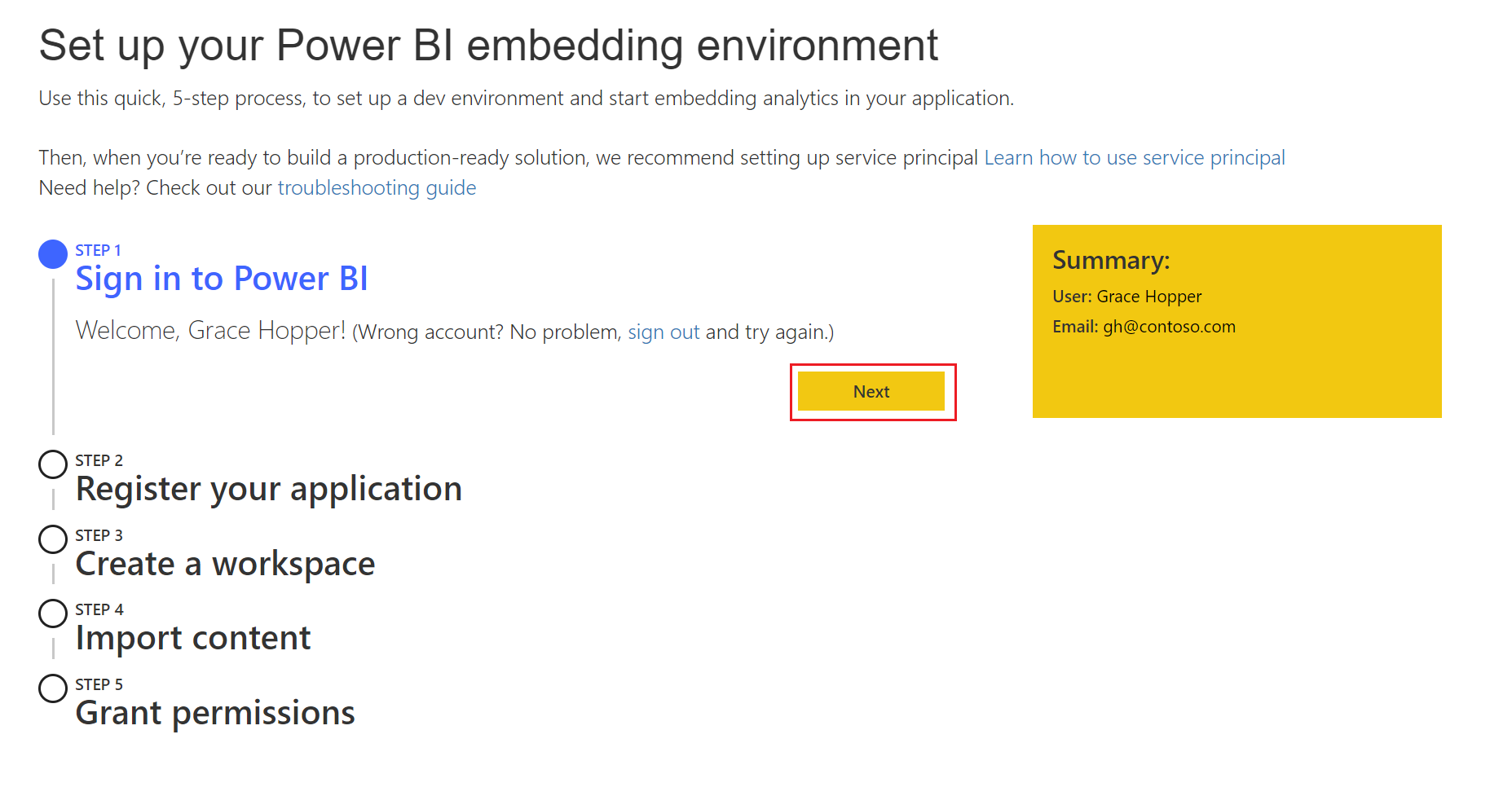 ユーザーが Power BI にサインインした後の Power BI 埋め込み分析セットアップ ツールのスクリーンショット。[次へ] ボタンが強調表示されています。