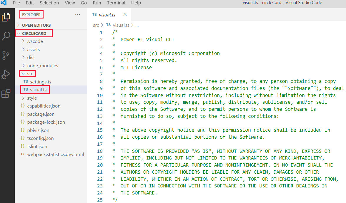 VS Code での visual.ts ファイルへのアクセスのスクリーンショット。