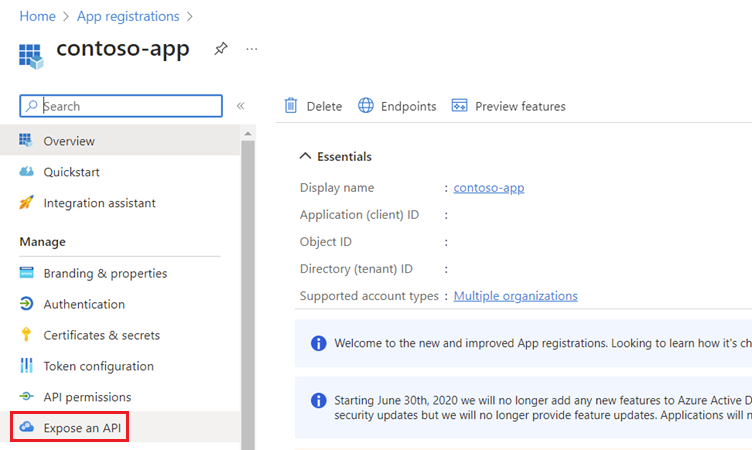 Microsoft Entra ID 登録アプリの [API の公開] ページのスクリーンショット。