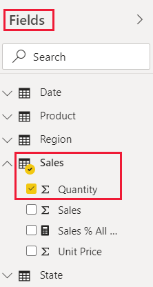 Power BI サービスでの US Sales Analysis レポートの Sales テーブルの Quantity フィールドのスクリーンショット。