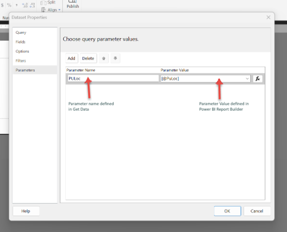 Power BI Report Builder のデータセット プロパティのパラメーターを示すスクリーンショット。