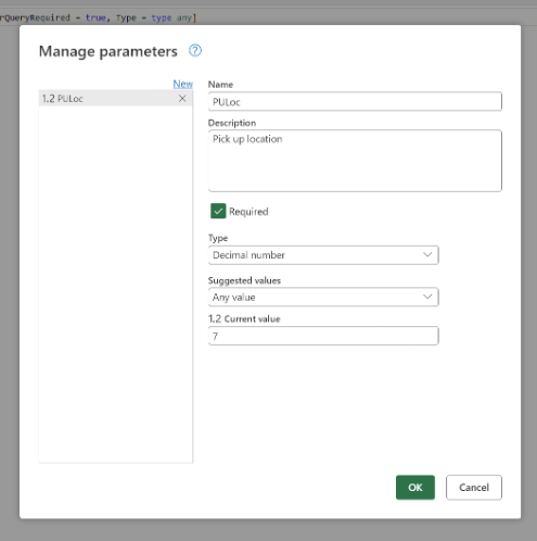 Power Query の新しいパラメーターを示すスクリーンショット。