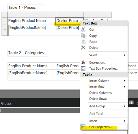 Screenshot showing tablix cell properties.