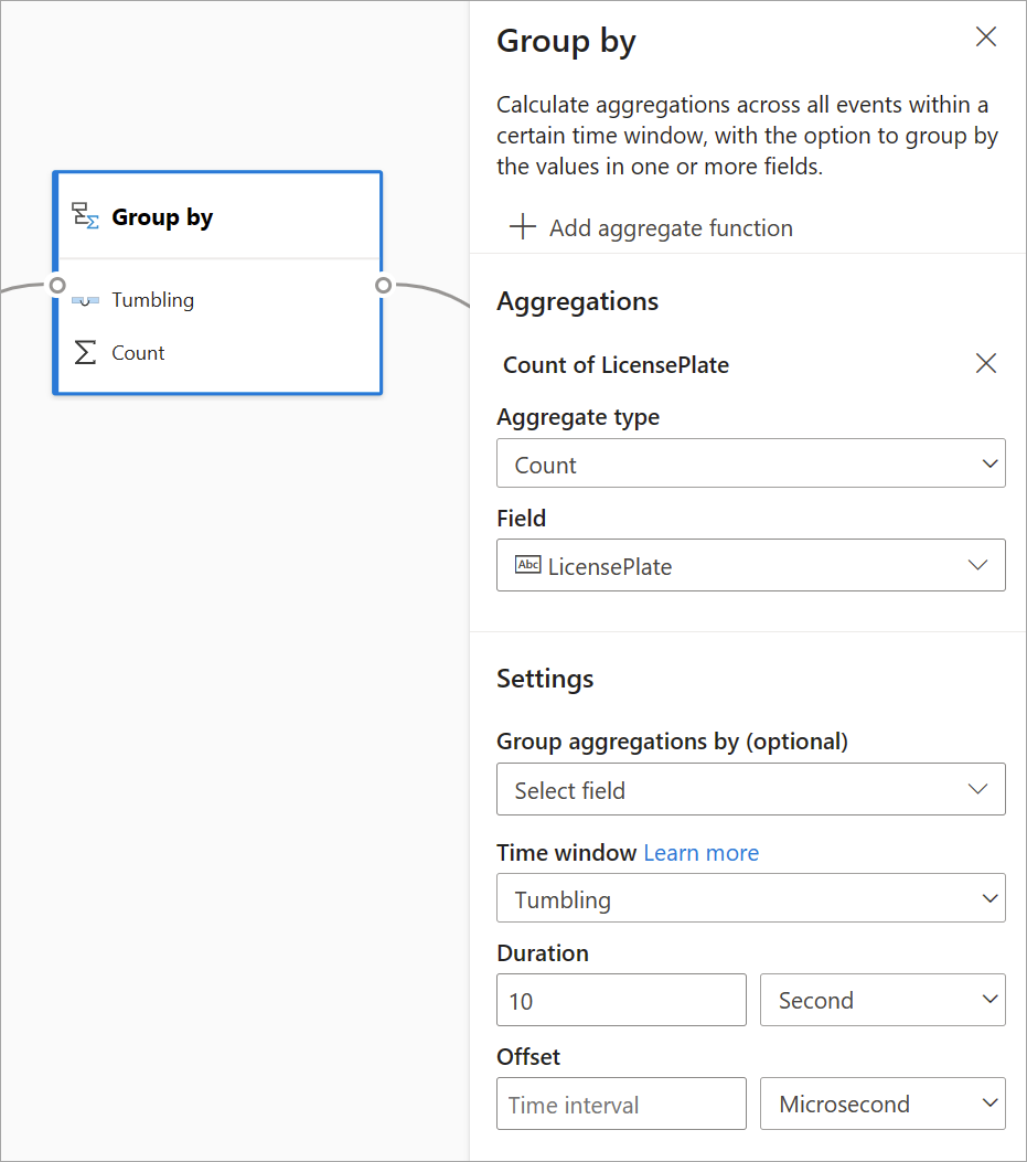 Screenshot of the Group by card with the configuration pane open.