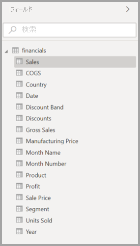 Screenshot of the original Model view Fields list in Power BI Desktop.