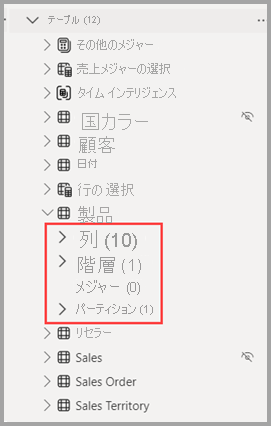 モデル エクスプローラーにおけるテーブル領域のスクリーンショット。