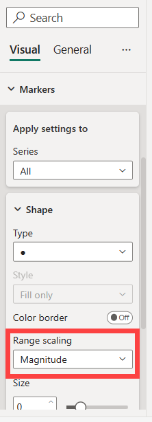 Screenshot of the format pane with the Range scaling section outlined in red.