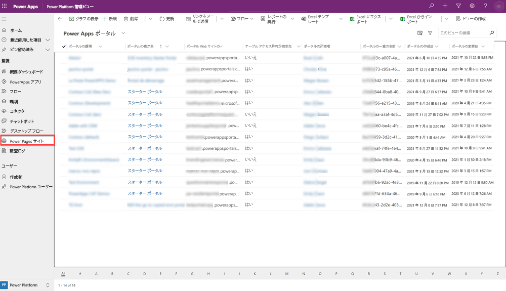 COE 管理者 Power Pages リスト。