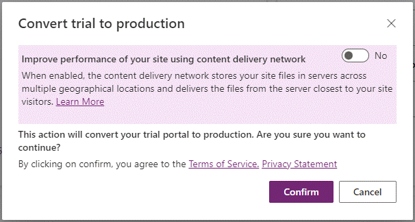 試用版を本番環境に変換するときにコンテンツ配信ネットワークを有効にすることを確認するメッセージのスクリーンショット。