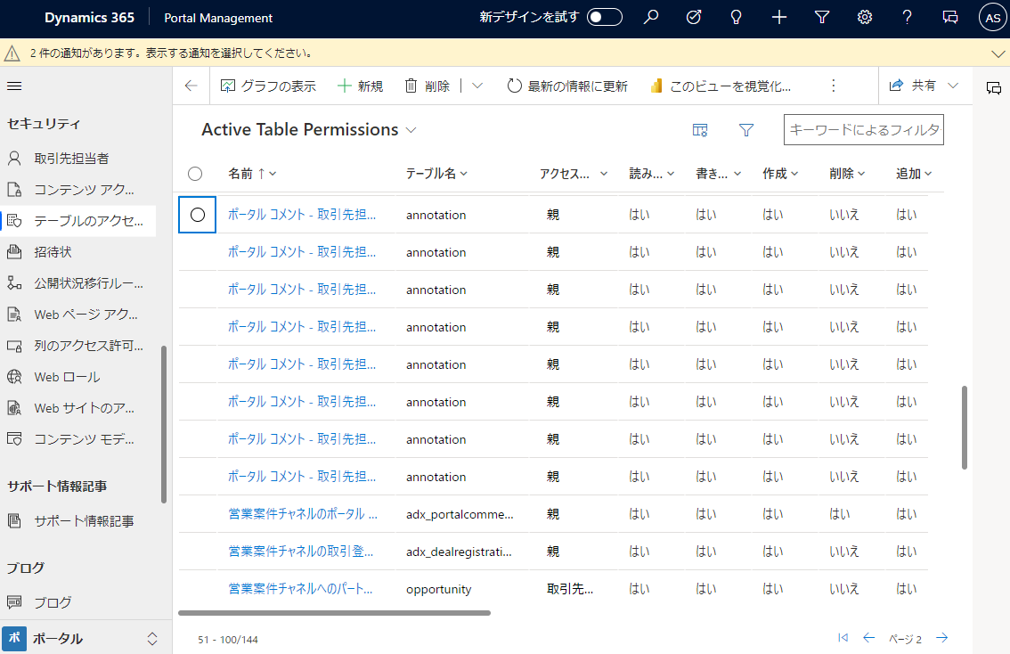 ポータル管理アプリを使用してテーブルのアクセス許可にアクセスする。