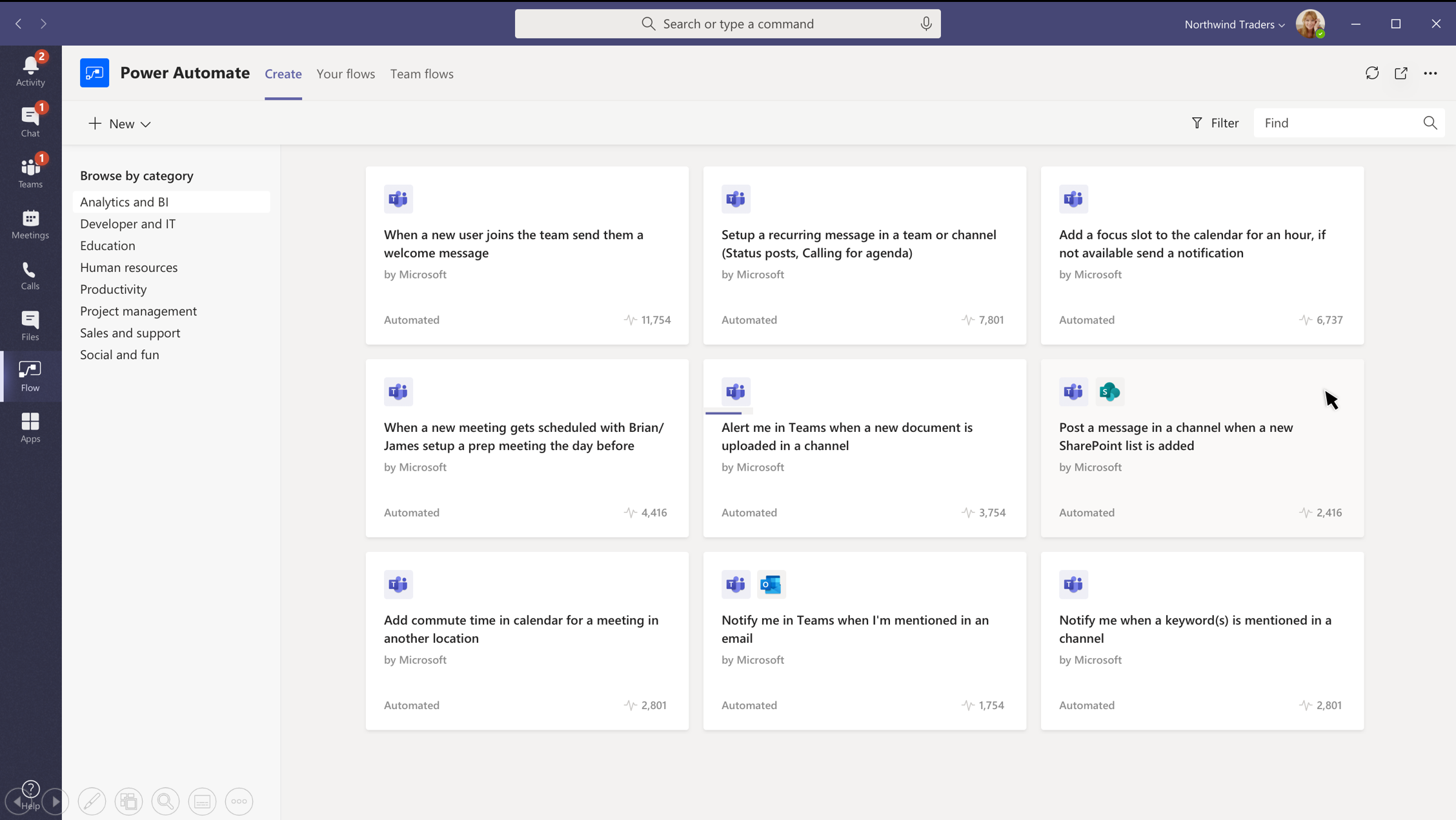 Microsoft Teams での Power Automate テンプレート