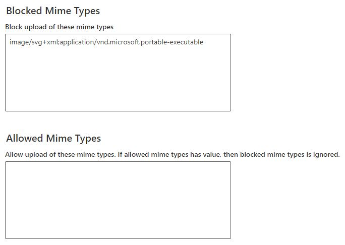 Dataverse 環境のプライバシー設定でブロックされた MIME タイプのスクリーンショット。