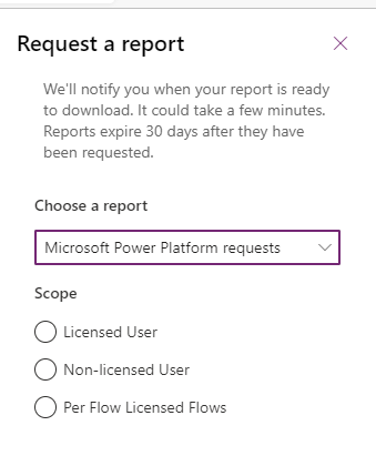 Power Platform 要求レポートのドロップダウン メニューを示す画像。