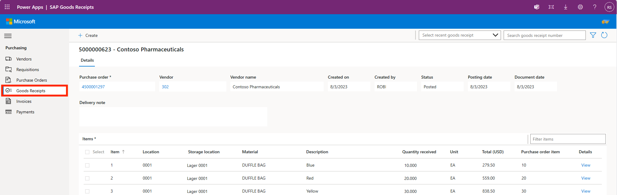 マイクロソフトの Power Platform 用 SAP 調達発注書アプリの画像。