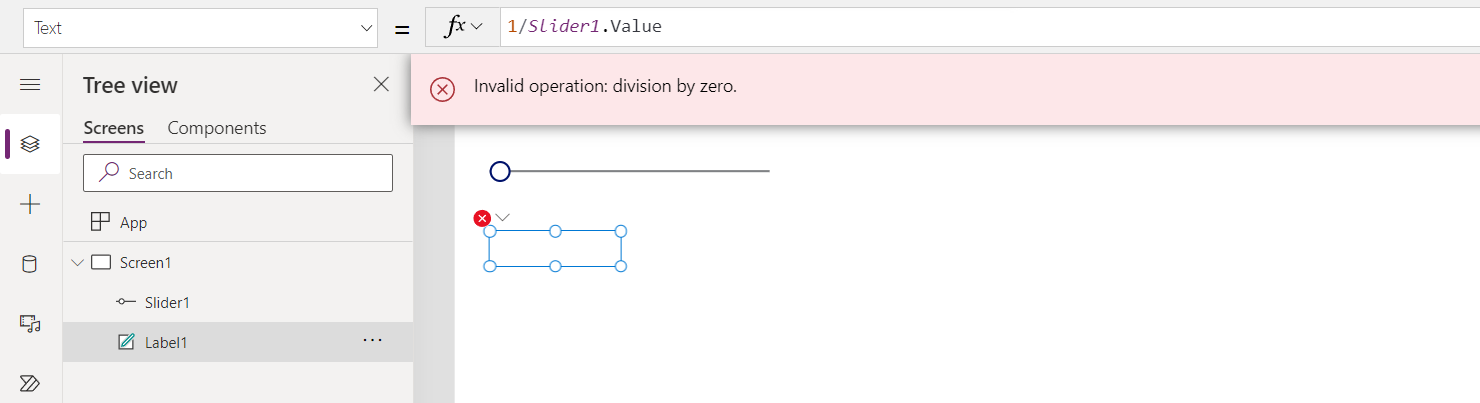 Slider コントロールが 0 に移動したため、ゼロ除算エラーとなり、エラー バナーが表示されました。