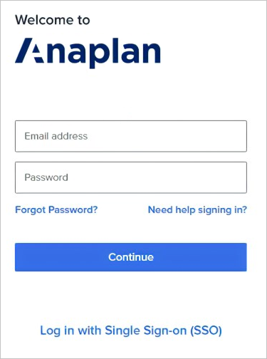 ユーザー名とパスワードを表示する Anaplan ダイアログ。下部に SSO サインインも表示されます。