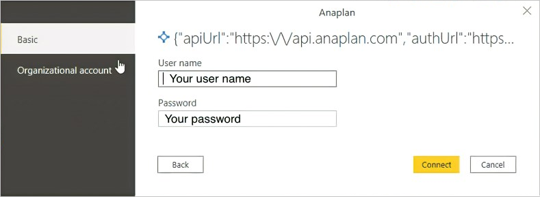 [Anaplan 接続] ダイアログ。ここでは、ユーザー名とパスワードを入力します。