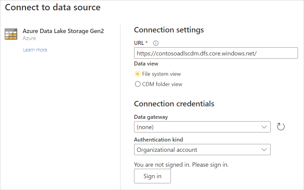 URL が入力された、Azure Data Lake Storage Gen2 の [データ ソースへの接続] ページのスクリーンショット。