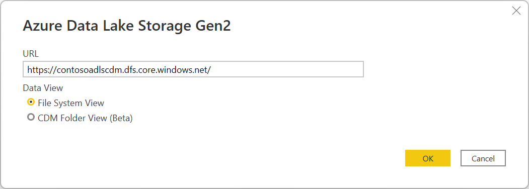 URL が入力された [Azure Data Lake Storage Gen2] ダイアログ ボックスのスクリーンショット。