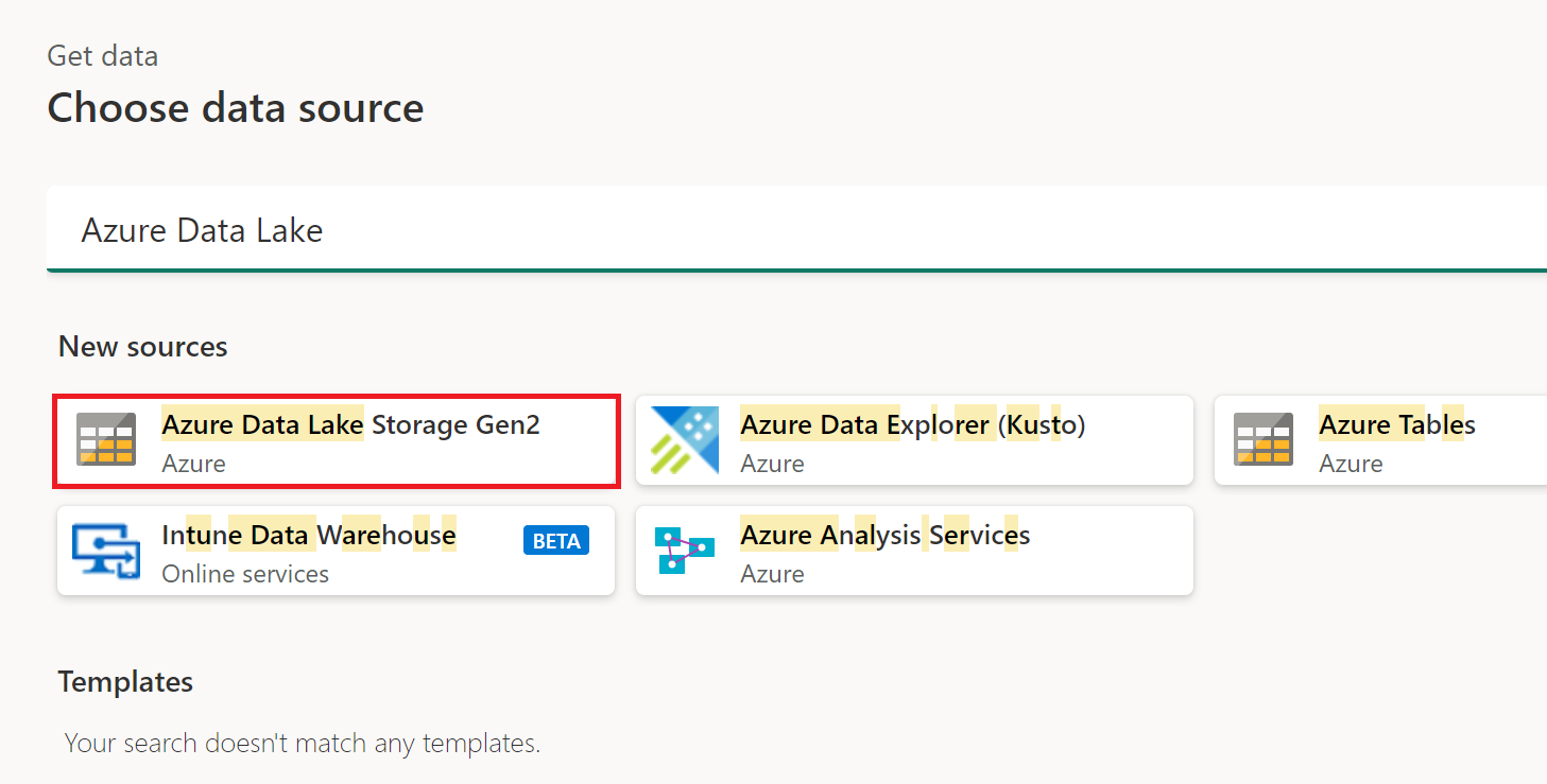 Azure Data Lake Storage Gen2 が強調された [データの取得] ウィンドウのスクリーンショット。