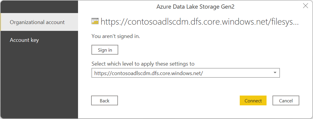 Azure Data Lake Storage Gen2 の [サインイン] ダイアログ ボックスのスクリーンショット。組織アカウントが選択され、サインインする準備ができています。