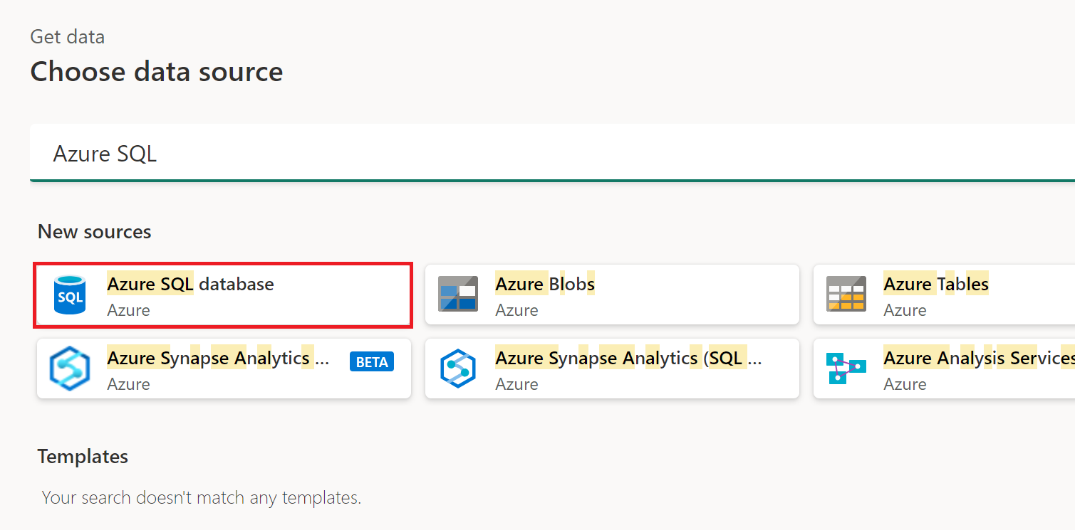 Azure SQL データベースが強調された [データの取得] ウィンドウのスクリーンショット。