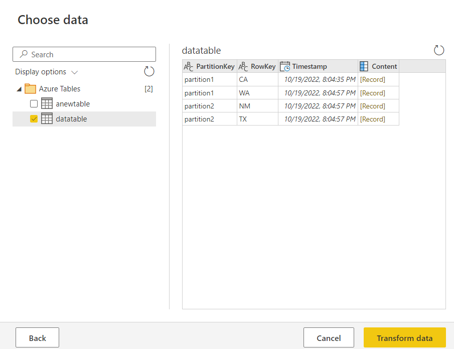 Power Query オンラインの [Azure Table Storage]、[データの選択] ウィンドウのスクリーンショット。