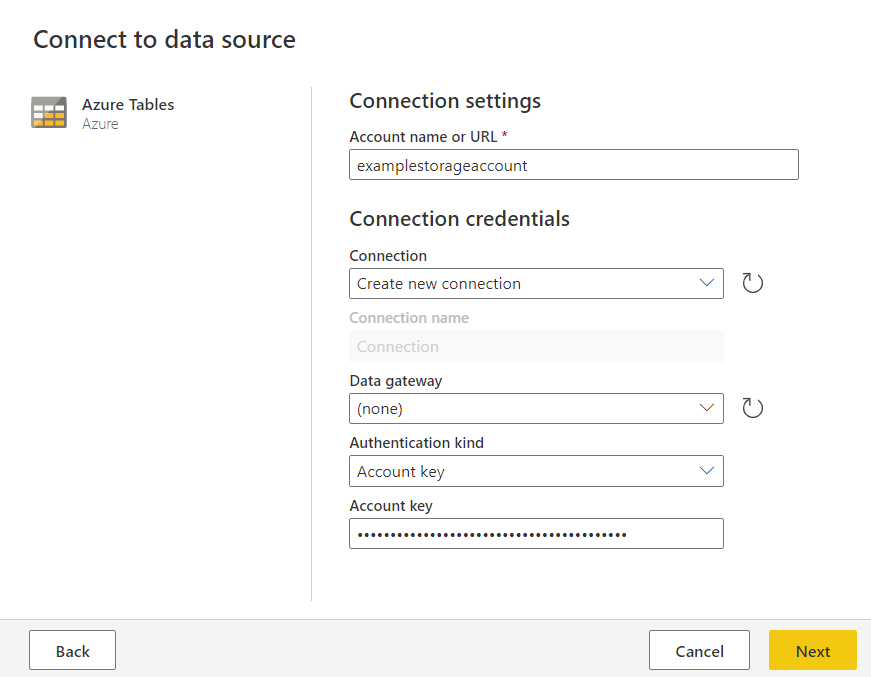 Power Query オンラインの [Azure Table Storage] ウィンドウのスクリーンショット。