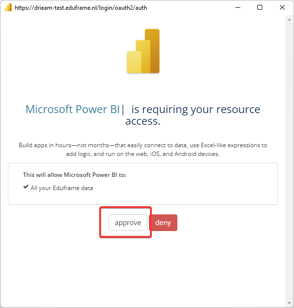 Power BI 統合の承認を示す画像。