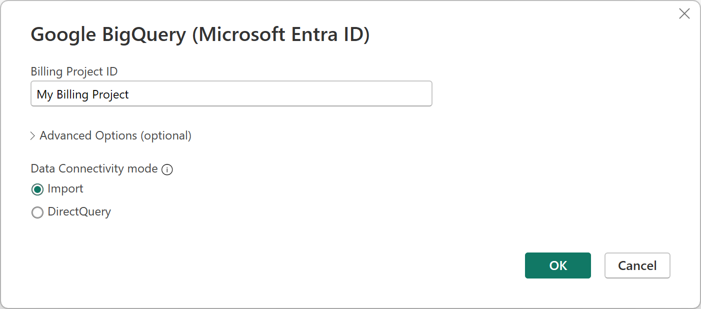 Google BigQuery (Microsoft Entra ID) ダイアログのスクリーンショット。ここでは、課金プロジェクト ID を入力したり、[インポート] または [DirectQuery] を選択したり、必要に応じて詳細オプションを選択したりします。