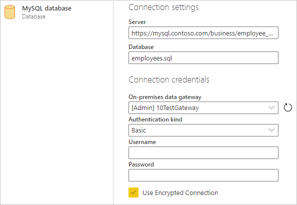 サーバーとデータベースのサンプル エントリが入力された接続設定ダイアログのスクリーンショット。