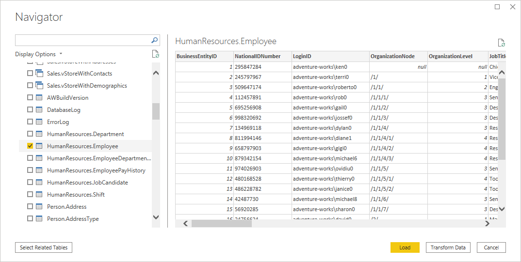 PostgreSQL データベース内の人事部の従業員データが表示されている Power Query Desktop のナビゲーター。