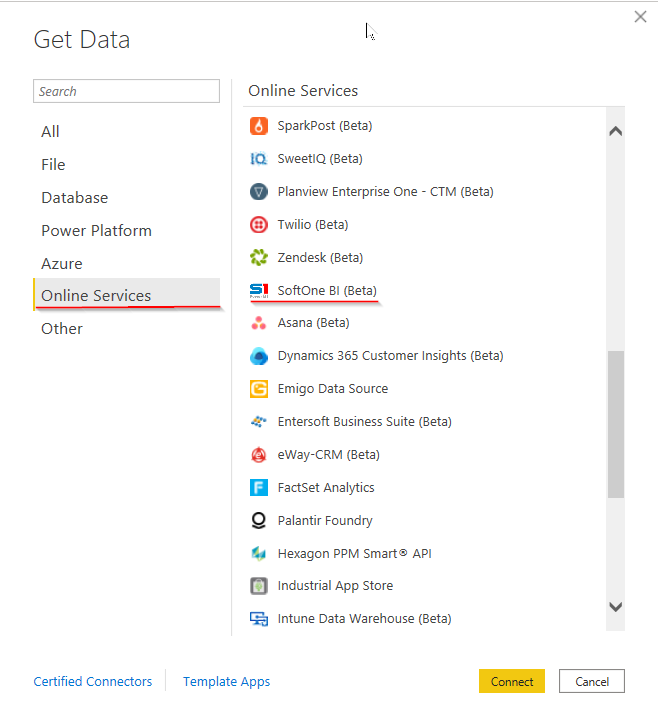 SoftOne BI コネクタを選択します。