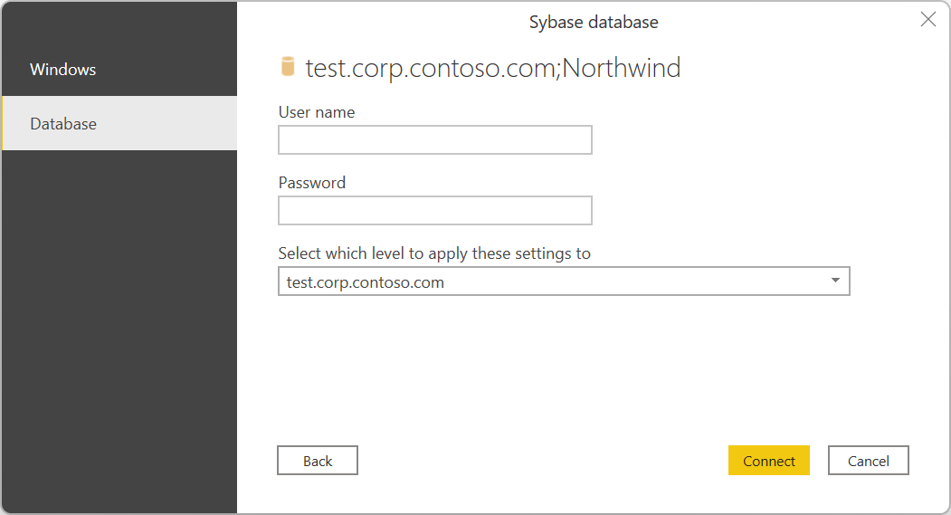 Sybase データベースの認証情報を入力します。