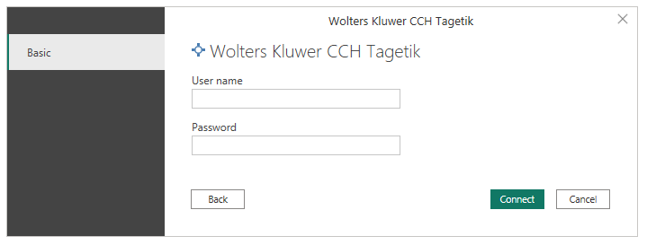 ユーザー名とパスワードを入力するコネクタ認証ダイアログのスクリーンショット。