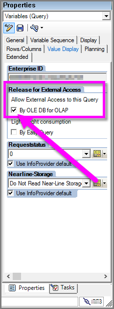 [Allow External Access to this Query: By OLE DB for OLAP]\(このクエリに対する外部アクセスを許可する: OLE DB for OLAP による\) チェック ボックスを示す画像。