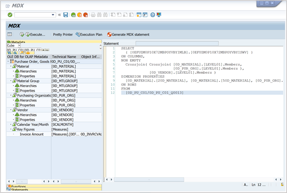 SAPGUI での MDXTEST を使った MDX ステートメントのトラブルシューティング。