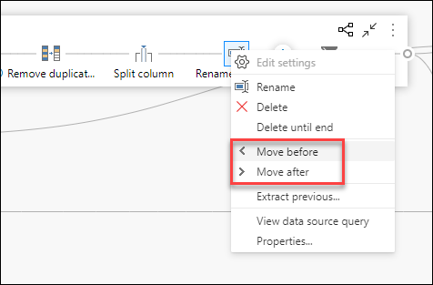 ステップを右クリックした後のステップ レベルのコンテキスト メニュー内の [前に移動] および [後に移動] オプション。