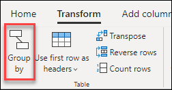 [変換] タブで [グループ化] オプションが強調表示された Power Query のリボンのスクリーンショット。