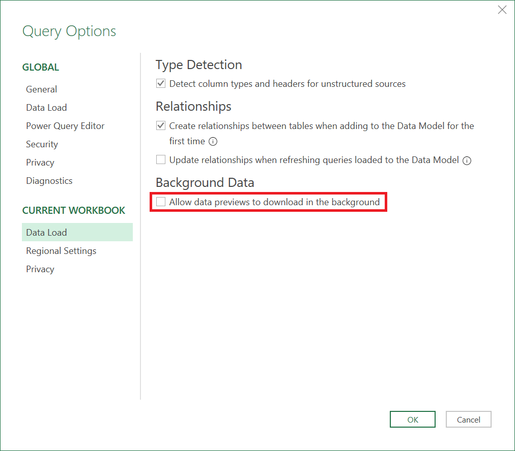 バックグラウンド分析が無効になっている Excel のクエリ オプションを示す画像。