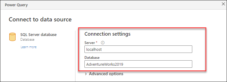 サーバーとデータベースの設定が入力されている SQL Server データベース コネクタの接続設定。