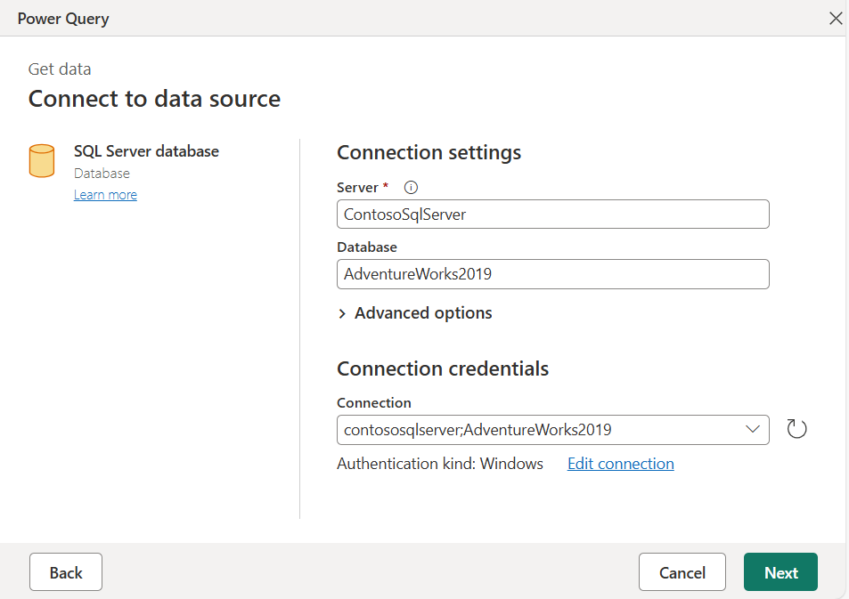 SQL Server のローカル インスタンス上の AdventureWorks2019 データベースへの接続の接続設定ダイアログのスクリーンショット。