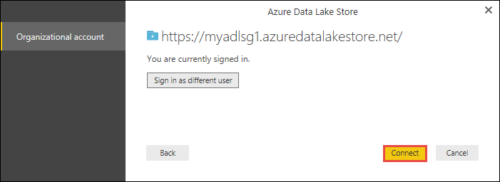 [Azure Data Lake Store] ダイアログ ボックスのスクリーンショット。[接続] オプションが選択されています。