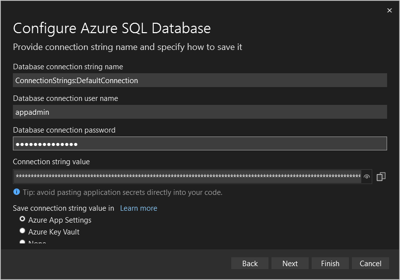 データベース設定ウィンドウのスクリーンショット。