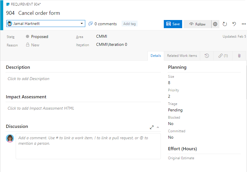 Requirement work item form