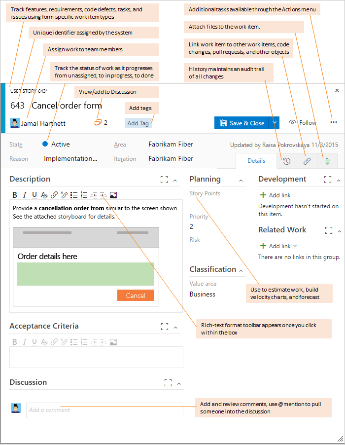 Screenshot of Work item form to track features or user stories, new web form.