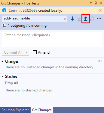 Screenshot of the up-arrow push button in the 'Git Changes' window of Visual Studio 2019.