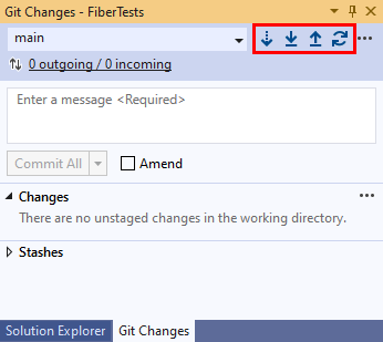 Screenshot of the Fetch, Pull, Push and Sync buttons in the 'Git Changes' window of Visual Studio 2019.