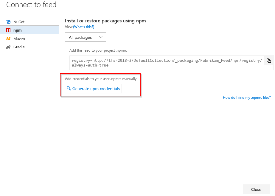 A screenshot showing how to generate npm credentials in TFS 2018.